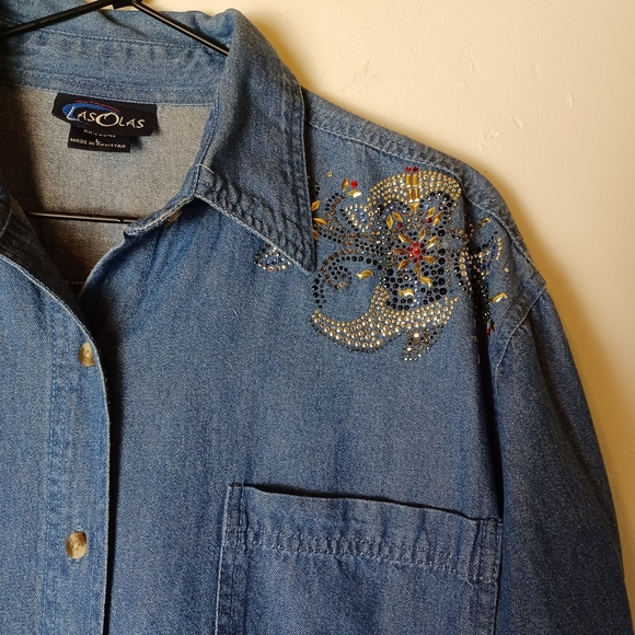 90s LasOlas Western Cowgirl Boot Denim Long Sleeve Shirt Womens Size L (14-16) - Picture 3 of 7